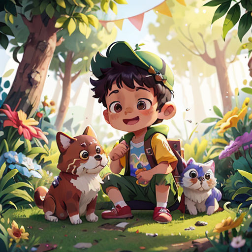 a boy sitting on the ground with two dogs and a cat in a forest with bunnies and bunnies