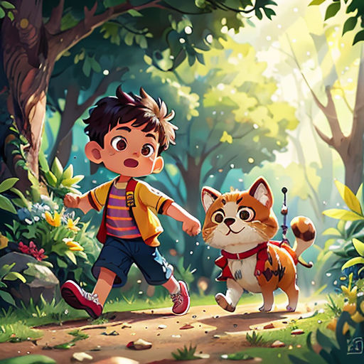 a boy walking a dog through a forest with a forest background and a forest scene in the background, with a forest scene with a boy and a dog
