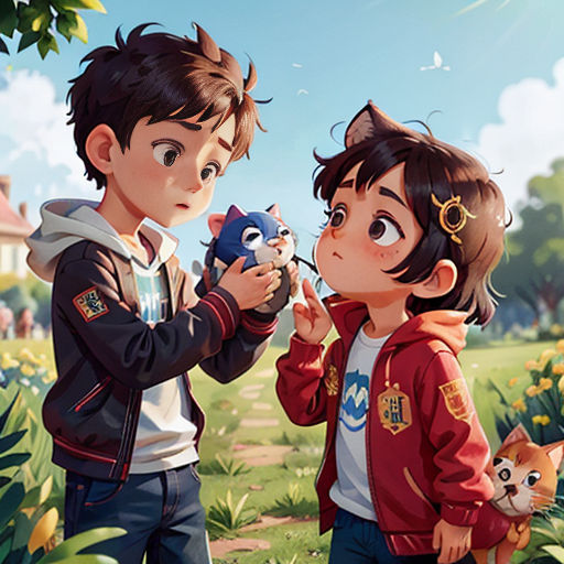 two children are standing in a field with a cat and a bird in their hands, looking at a toy