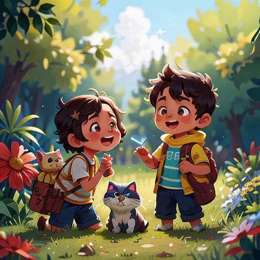 two children are standing in the woods with a cat and a backpack on their shoulders and a cat on their lap