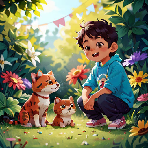 a boy kneeling down next to a cat and a kitten in a field of flowers and plants with a bunting banner