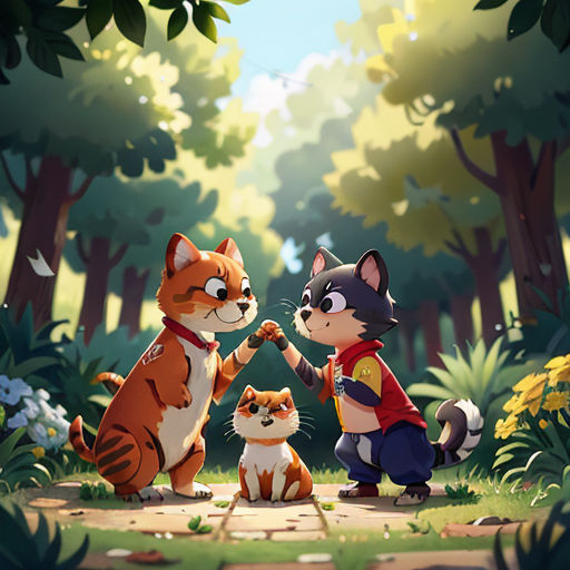 a couple of cats standing next to each other in a forest with trees and flowers behind them and a dog