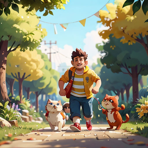 a boy walking with a bunch of cats on a leash in a park with trees and a kite in the sky