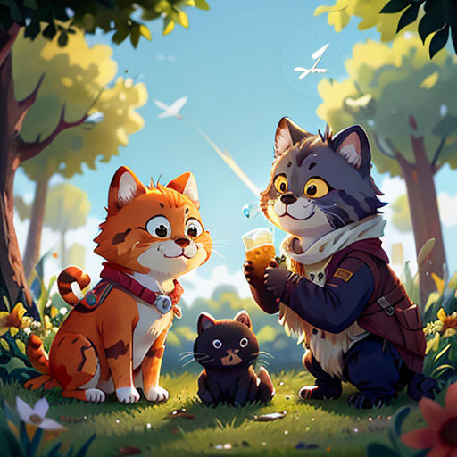 a couple of cats standing next to each other in a forest with a cat holding a cup of coffee