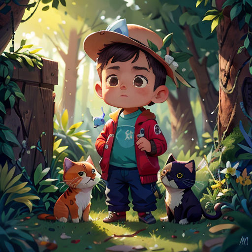 a boy in a hat standing in the woods with two cats and a cat behind him, with a forest background