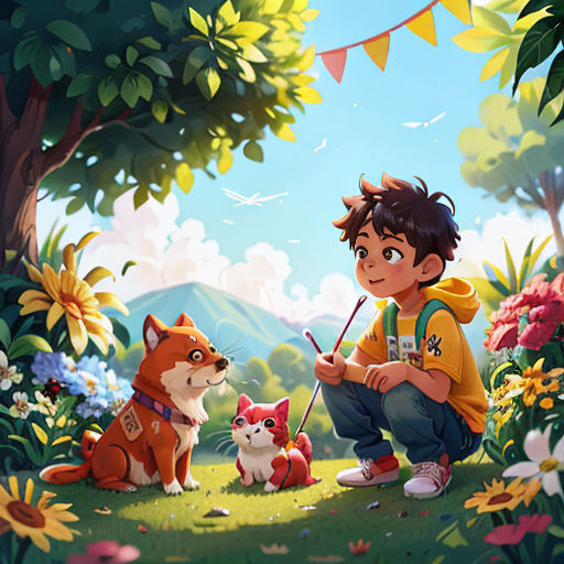 a boy sitting on the ground with a dog and a cat in front of him and a dog on the ground