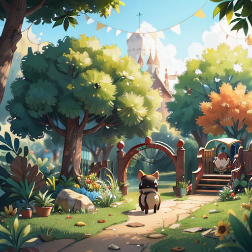 a cartoon scene of a park with a dog and a cat walking down the path to a playground with a playground set up in the background
