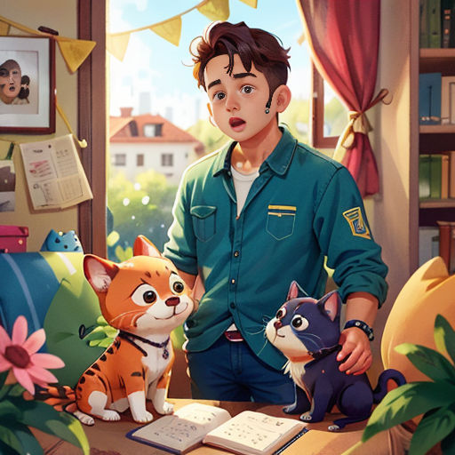a man standing in front of a table with stuffed animals on it and a cat sitting on the table