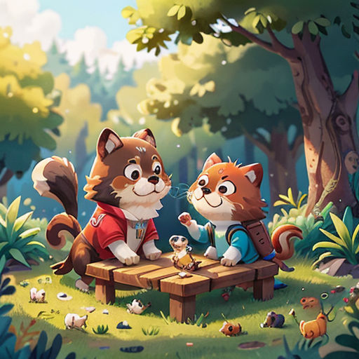 a couple of animals that are sitting on a bench in the grass and trees in the background, with a forest in the background