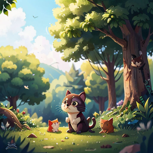 a cat and kittens in a forest with trees and rocks and a bird flying overhead in the sky