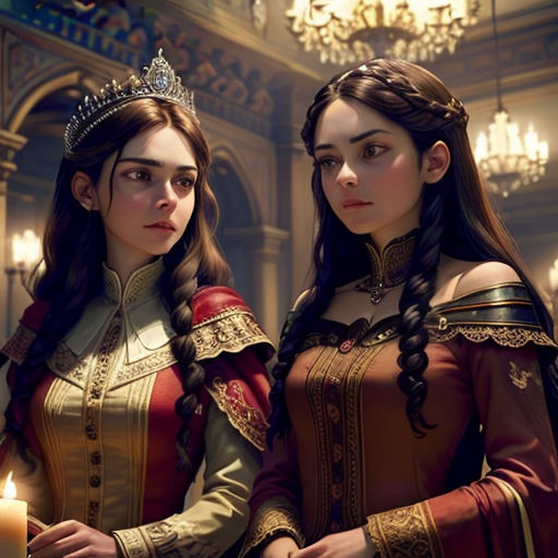 two women in medieval costumes standing next to each other with a candle in their hands and a chandelier in the background