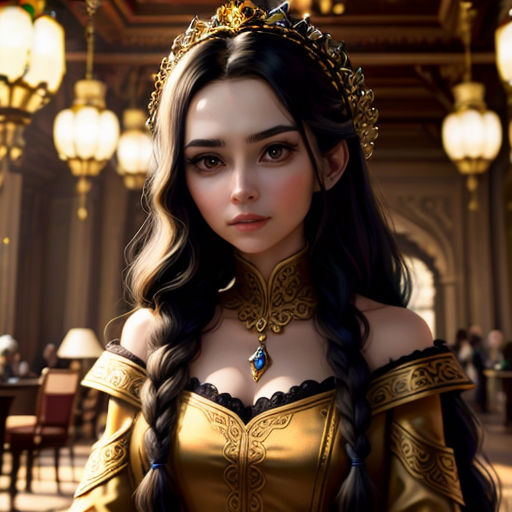 a woman in a golden dress with a crown on her head and a table in the background with lamps