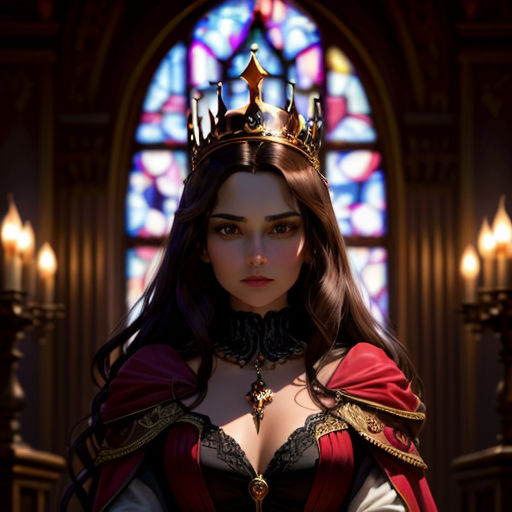 a woman in a red and white dress with a crown on her head and a stained glass window behind her