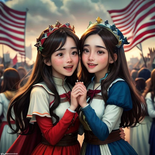 two girls are standing together in front of an american flag and a crowd of people with flags in the background