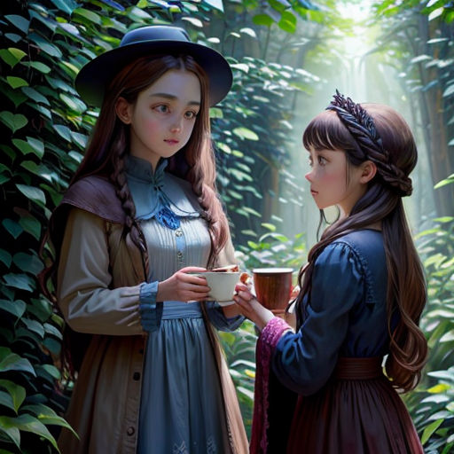 two girls in dresses are standing in the woods and one is holding a cup of coffee and the other is holding a mug
