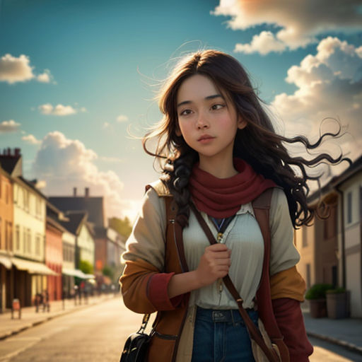 a woman walking down a street next to a building with a sky background and clouds in the background,