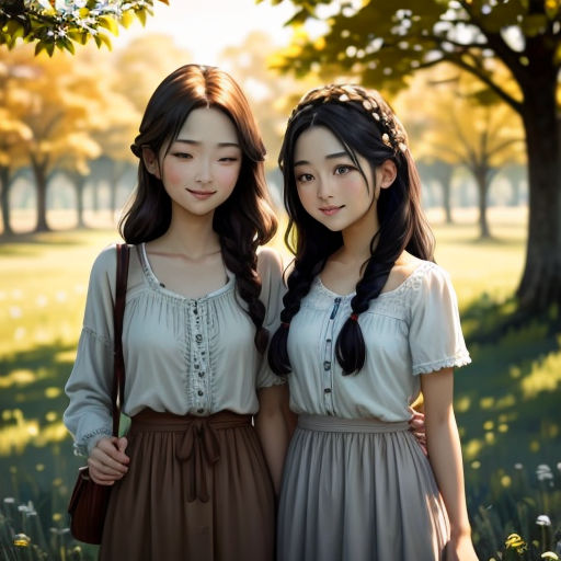 two asian girls standing next to each other in a field of grass and trees with the sun shining behind them