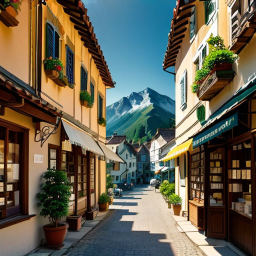 a narrow street with a mountain in the background and a few buildings on both sides of the street with a few windows