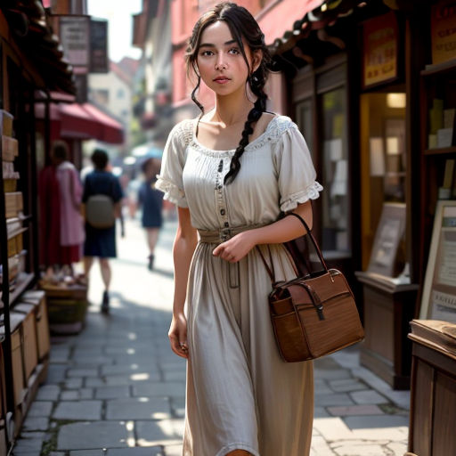 a woman in a dress is walking down the street with a purse on her shoulder and a handbag on her hip
