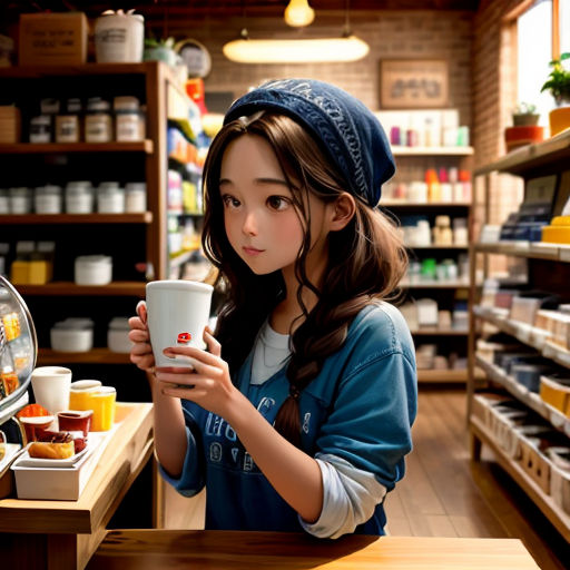 a girl holding a cup in a store with shelves of food behind her and a shelf of coffee on the other side