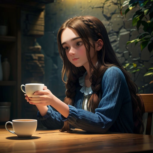 a girl sitting at a table with a cup of coffee in her hand and a plant in the background