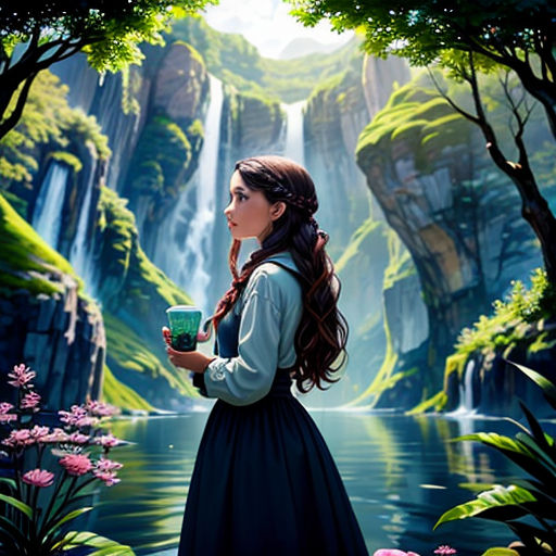 a painting of a girl holding a cup in front of a waterfall and a waterfall in the background with pink flowers