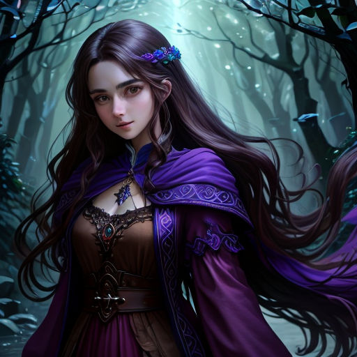 a woman in a purple dress standing in a forest with a purple cloak on her head and a purple cloak on her shoulder