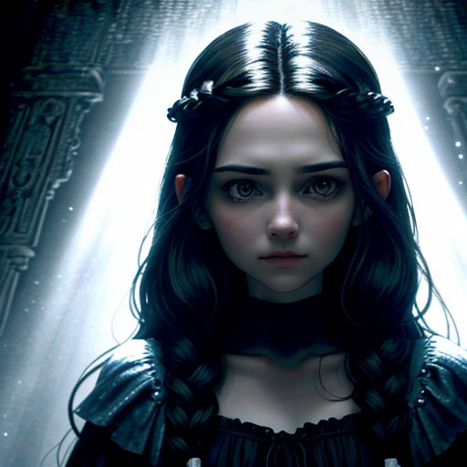 a woman with long hair and a crown on her head standing in front of a light beam in a dark room