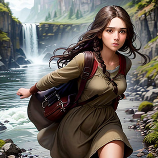 a woman walking across a river next to a waterfall with a backpack on her back and a waterfall in the background