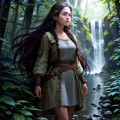 a woman in a green dress is walking through a forest with a waterfall in the background and a waterfall in the background