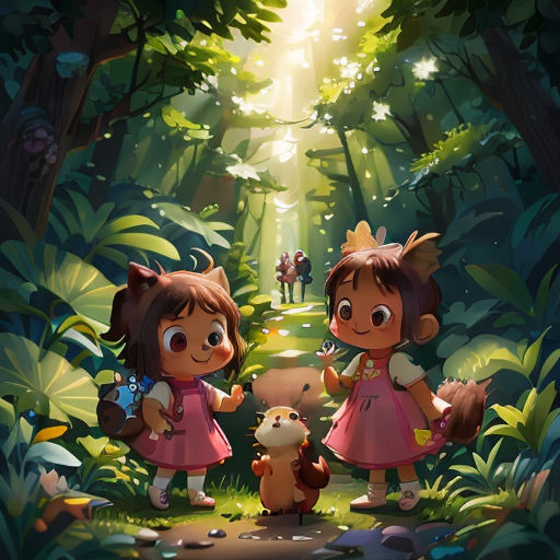 two little girls standing in the middle of a forest with a dog and a cat on the ground in front of them
