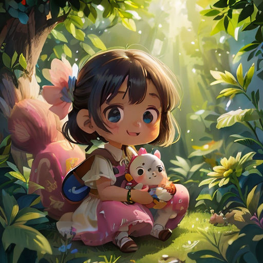 a little girl holding a stuffed animal in a forest with sunlight shining through the trees and leaves on the ground