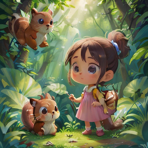 a girl with a backpack standing in the woods with a squirrel and a squirrel on her back, and another squirrel in the background