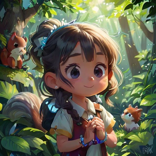 a girl in a forest with a squirrel on her shoulder and a squirrel on her shoulder, looking at the camera