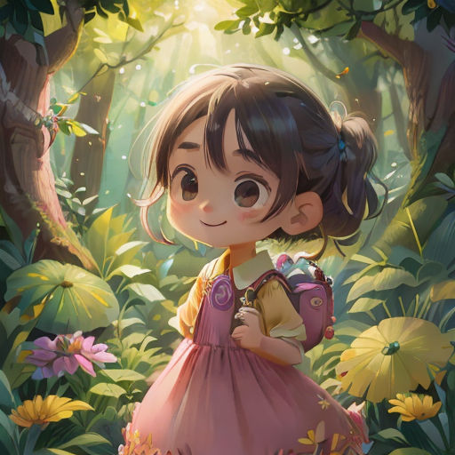 a little girl in a pink dress standing in a forest with flowers and trees around her, looking at the camera
