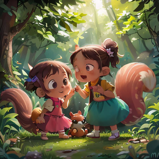two little girls standing in the woods with a squirrel on their lap and a squirrel on their lap looking at a squirrel
