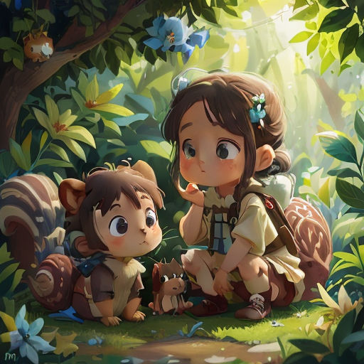 a girl and a boy are sitting in the woods with a squirrel and a squirrel on their lap and a squirrel on their lap