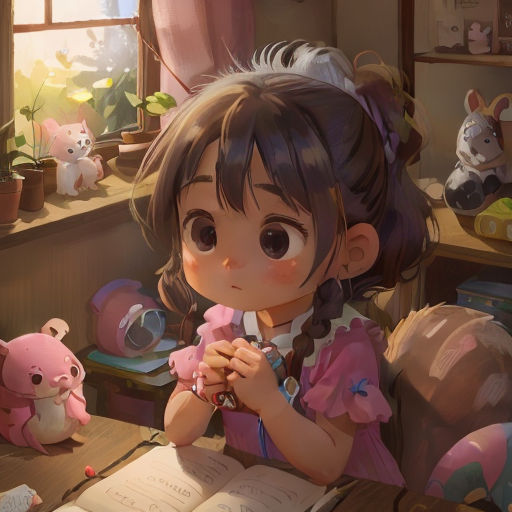 a girl sitting at a table with a book and stuffed animals in the background, and a window with a teddy bear