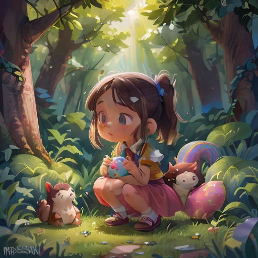 a girl sitting on the ground in the forest with her stuffed animals and a baby bear in her lap