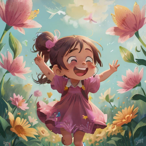 a little girl is jumping in the air with flowers around her and a sky background with a bird flying overhead