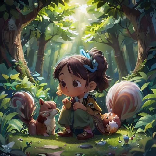 a girl sitting in the woods with her animals and a forest background with a light coming through the trees