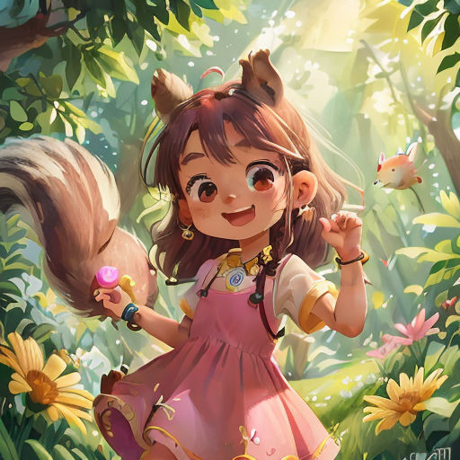 a girl in a pink dress holding a squirrel on her arm and a squirrel on her shoulder, in a forest