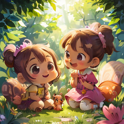 two little girls sitting in the grass with a teddy bear and a mushroom in front of them, with a forest background