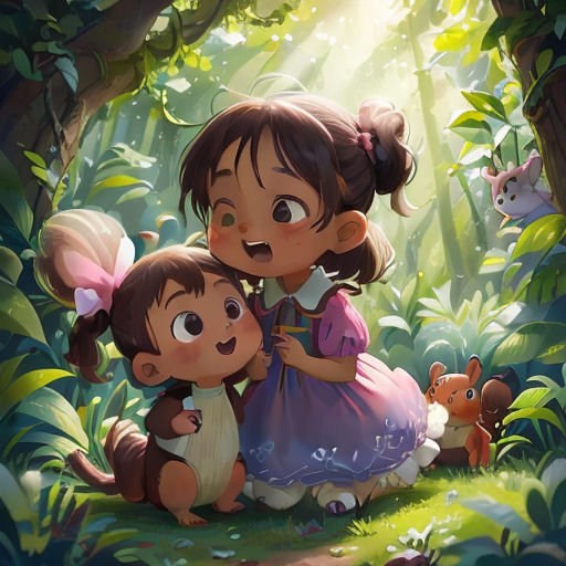 a couple of kids that are in the grass together in the woods with a forest background and a light shining through the trees