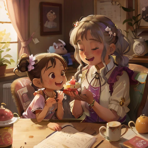 a woman and a child eating cake at a table with a book and a cup of coffee in front of them