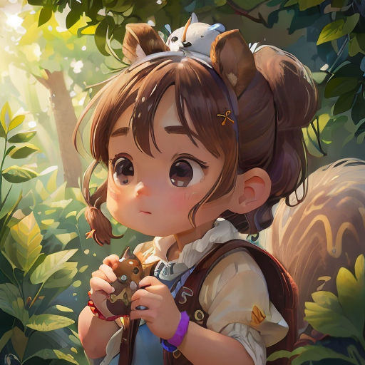 a girl with a backpack and a squirrel on her shoulder is looking at something in the distance while standing in the woods