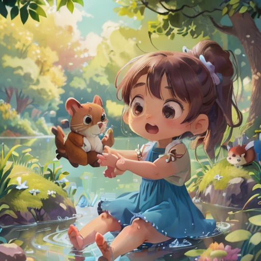 a girl holding a stuffed animal in a forest with a pond and a squirrel on her lap, with a forest background