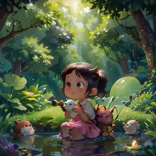 a little girl sitting on a pond with stuffed animals in front of her and a forest background with a sunbeam