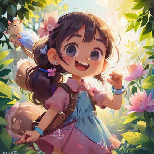 a girl with a flower in her hair and a backpack on her back, standing in a forest with flowers