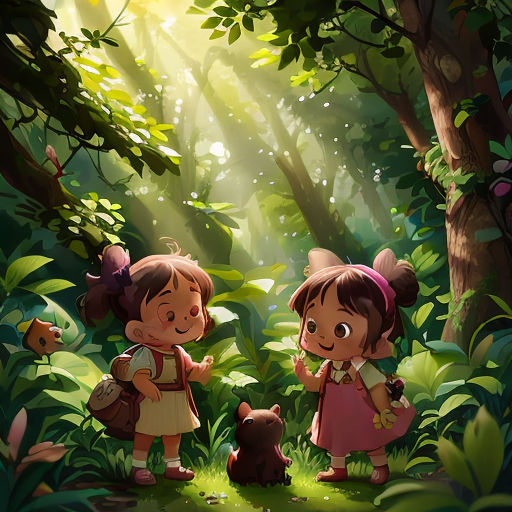 two little girls standing in the woods with a bear and a bear cub in front of them, looking at the sun